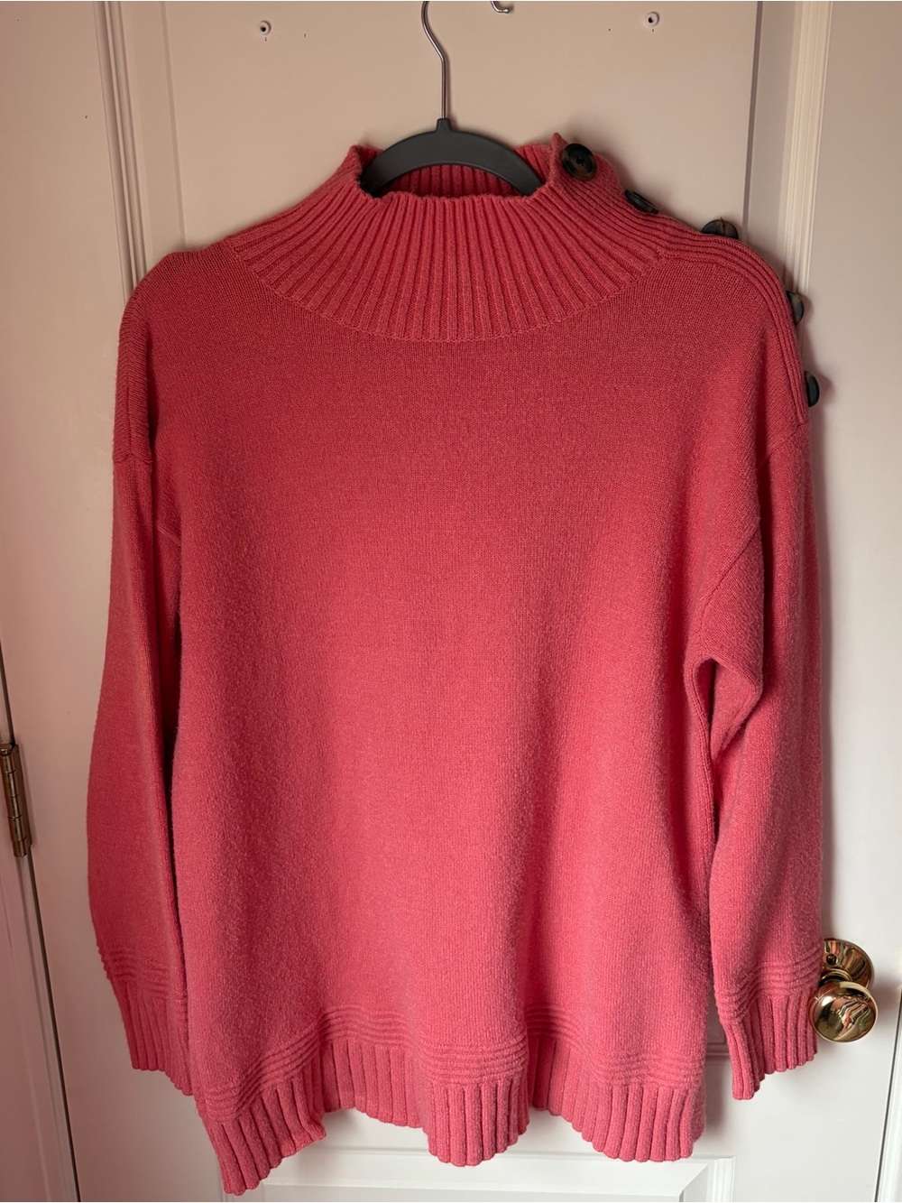 Anthropologie Coral Pink Button-Shoulder Ribbed Mock Neck Sweater Size Small
